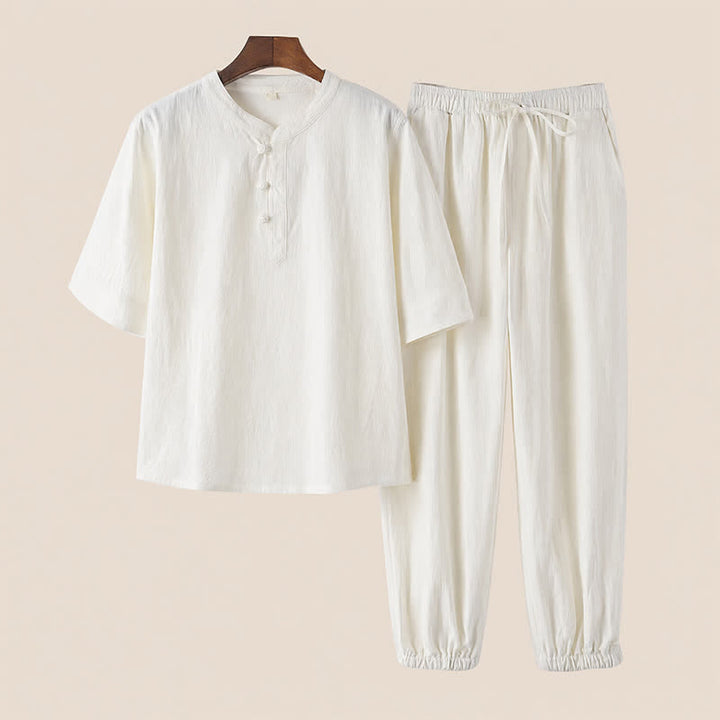 Buddha Stones Conjunto de 2 piezas de camisa y pantalón de algodón de manga hasta el codo con cuello mandarín, estilo Tang, para primavera y verano, ideal para meditación y con bolsillos. - Blanco - US/UK/AU44, EU54 (4XL) - image 20
