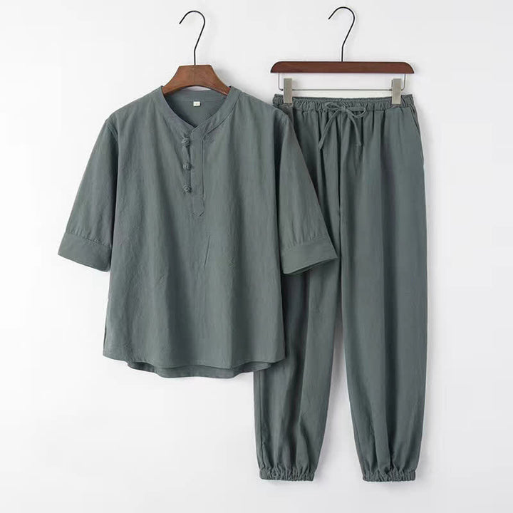 Buddha Stones Conjunto de 2 piezas de camisa y pantalón de algodón de manga hasta el codo con cuello mandarín, estilo Tang, para primavera y verano, ideal para meditación y con bolsillos. - Azul cadete - US/UK/AU44, EU54 (4XL) - image 2