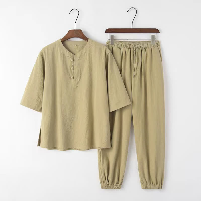 Buddha Stones Conjunto de 2 piezas de camisa y pantalón de algodón de manga hasta el codo con cuello mandarín, estilo Tang, para primavera y verano, ideal para meditación y con bolsillos. - image 19