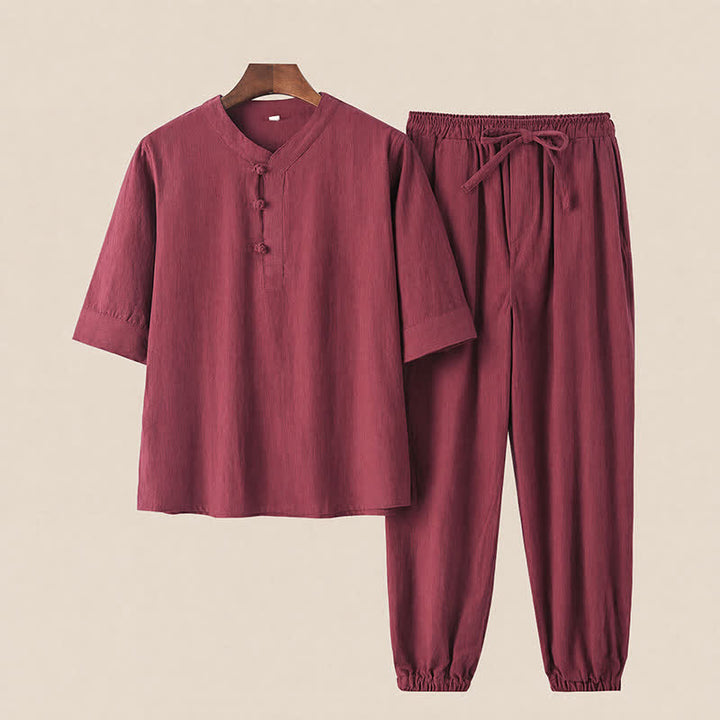 Buddha Stones Conjunto de 2 piezas de camisa y pantalón de algodón de manga hasta el codo con cuello mandarín, estilo Tang, para primavera y verano, ideal para meditación y con bolsillos. - Granate - US/UK/AU44, EU54 (4XL) - image 17