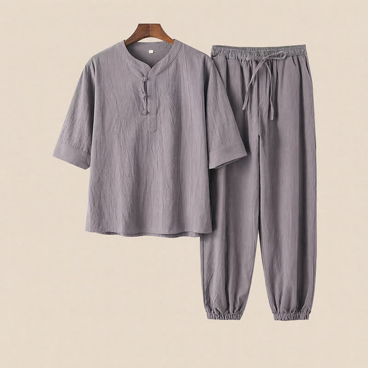 Buddha Stones Conjunto de 2 piezas de camisa y pantalón de algodón de manga hasta el codo con cuello mandarín, estilo Tang, para primavera y verano, ideal para meditación y con bolsillos. - image 1