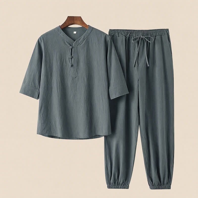 Buddha Stones Conjunto de 2 piezas de camisa y pantalón de algodón de manga hasta el codo con cuello mandarín, estilo Tang, para primavera y verano, ideal para meditación y con bolsillos. - image 3