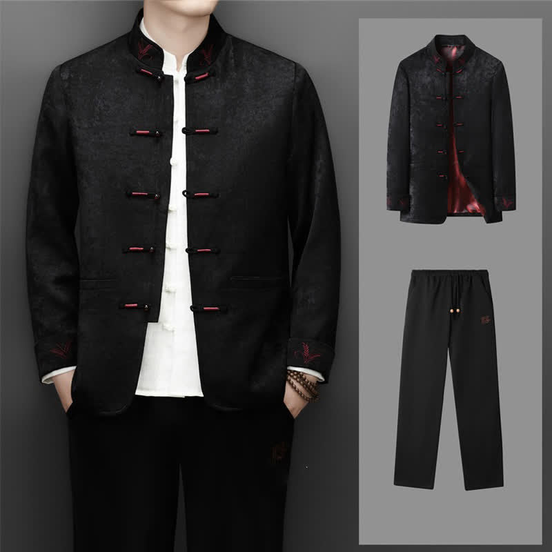 Buddha Stones Conjunto de 2 piezas para otoño/invierno: Chaqueta y pantalón elegantes estilo Tang con botones de rana, cuello mandarín y estampado abstracto. Ideales para meditación. Con bolsillo. - Negro - US/UK/AU44, EU54 (4XL) - image 12