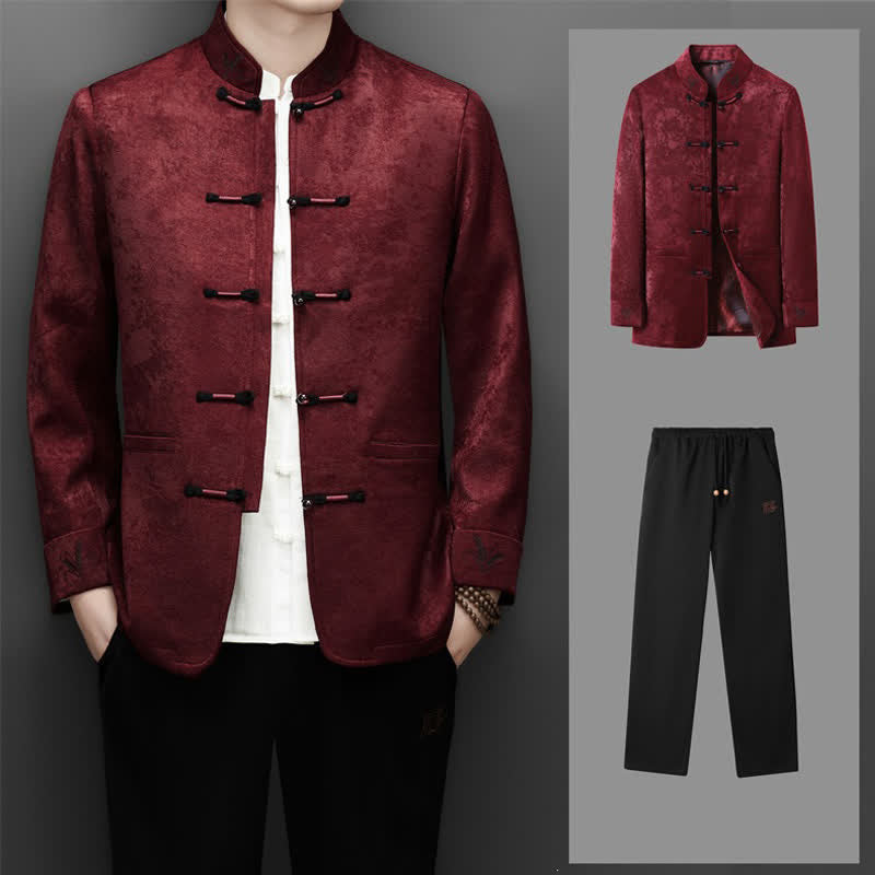 Buddha Stones Conjunto de 2 piezas para otoño/invierno: Chaqueta y pantalón elegantes estilo Tang con botones de rana, cuello mandarín y estampado abstracto. Ideales para meditación. Con bolsillo. - image 1
