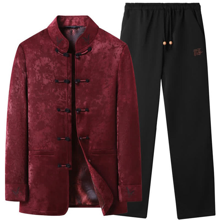 Buddha Stones Conjunto de 2 piezas para otoño/invierno: Chaqueta y pantalón elegantes estilo Tang con botones de rana, cuello mandarín y estampado abstracto. Ideales para meditación. Con bolsillo. - Ladrillo refractario - US/UK/AU44, EU54 (4XL) - image 0
