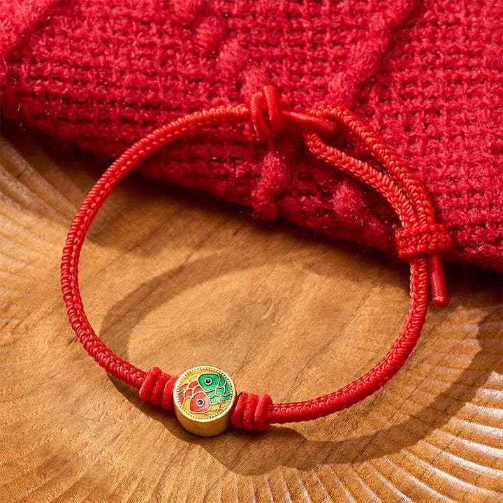 Buddha Stones Pulsera de la suerte con doble pez koi y cordón rojo - image 3