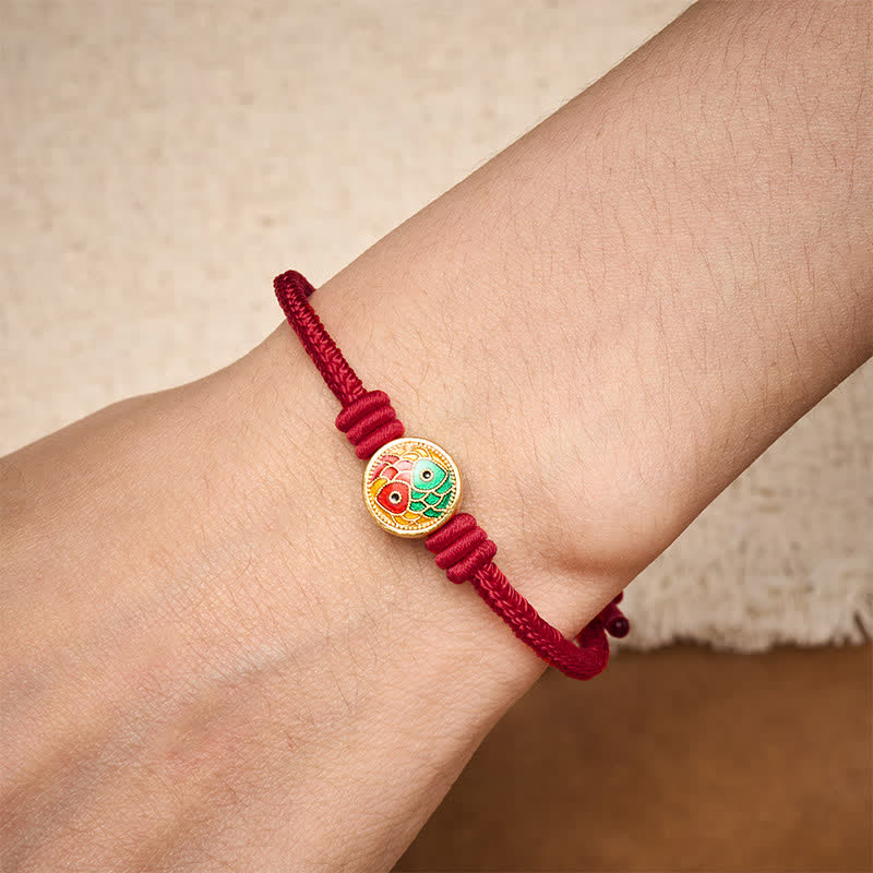 Buddha Stones Pulsera de la suerte con doble pez koi y cordón rojo - image 12