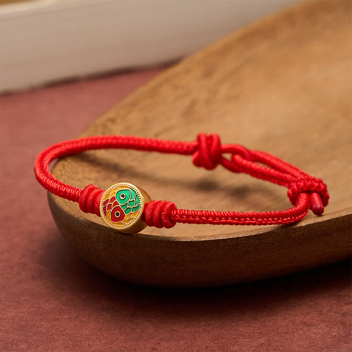 Buddha Stones Pulsera de la suerte con doble pez koi y cordón rojo - image 1