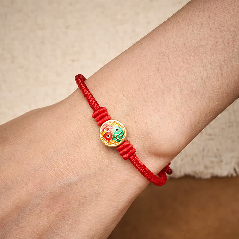 Buddha Stones Pulsera de la suerte con doble pez koi y cordón rojo - image 4