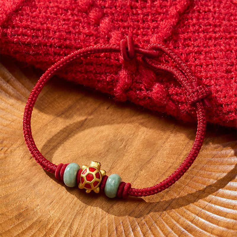 Buddha Stones Pulsera de la prosperidad tejida a mano con hilo rojo de cobre y tortuga - Rojo oscuro - 6,7–7,5 pulgadas/17–19 cm - image 0