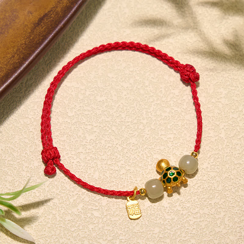 Buddha Stones Pulsera de hilo rojo con diseño de tortuga de cobre, jade Hetian y carácter Fu. - image 1