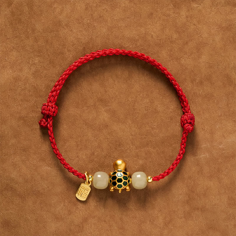Buddha Stones Pulsera de hilo rojo con diseño de tortuga de cobre, jade Hetian y carácter Fu. - Rojo (Circunferencia de la muñeca: 5,5–7,1 pulgadas/14–18 cm) - image 0