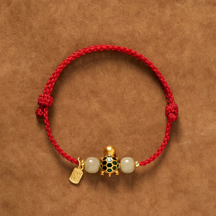 Buddha Stones Pulsera de hilo rojo con diseño de tortuga de cobre, jade Hetian y carácter Fu. - Rojo (Circunferencia de la muñeca: 5,5–7,1 pulgadas/14–18 cm) - image 0