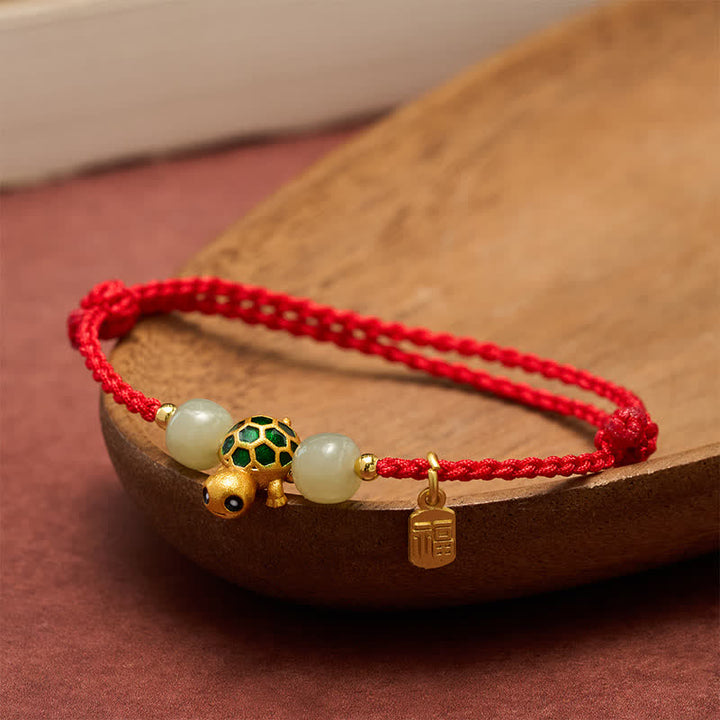 Buddha Stones Pulsera de hilo rojo con diseño de tortuga de cobre, jade Hetian y carácter Fu. - image 3