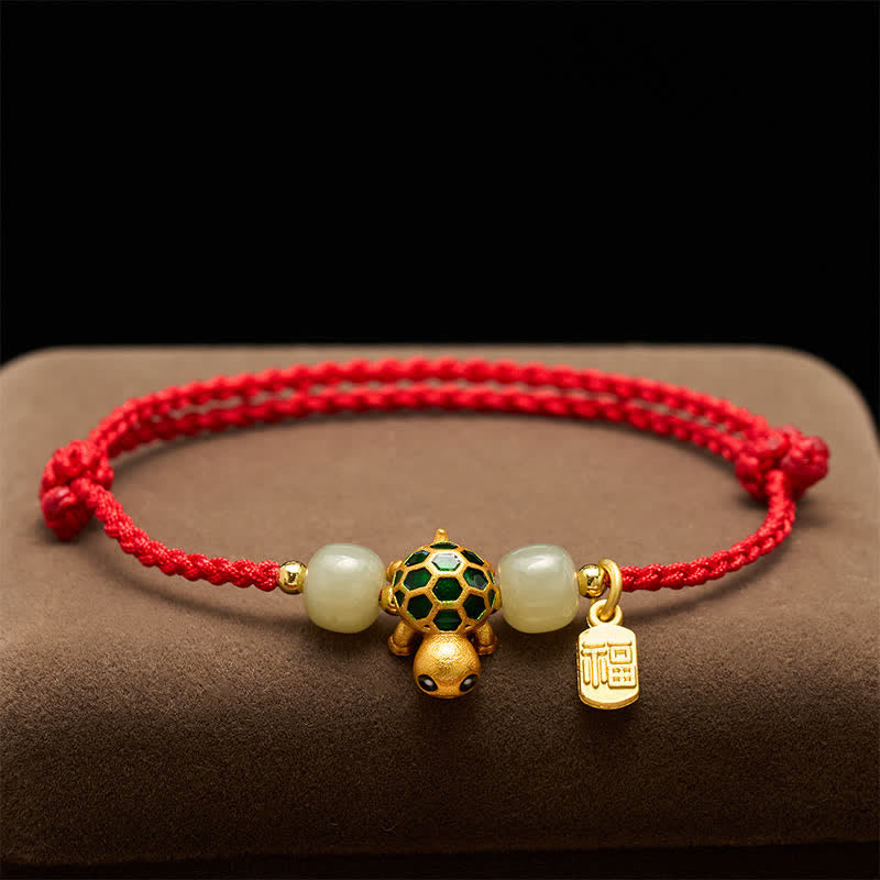 Buddha Stones Pulsera de hilo rojo con diseño de tortuga de cobre, jade Hetian y carácter Fu. - image 2