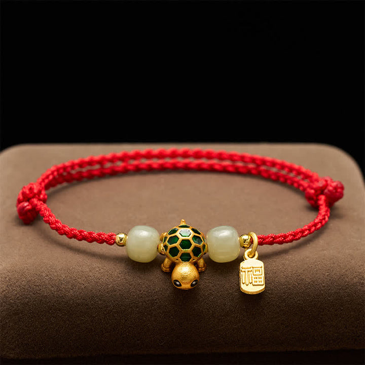 Buddha Stones Pulsera de hilo rojo con diseño de tortuga de cobre, jade Hetian y carácter Fu. - image 2