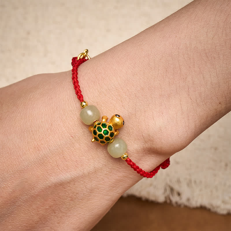 Buddha Stones Pulsera de hilo rojo con diseño de tortuga de cobre, jade Hetian y carácter Fu. - image 5