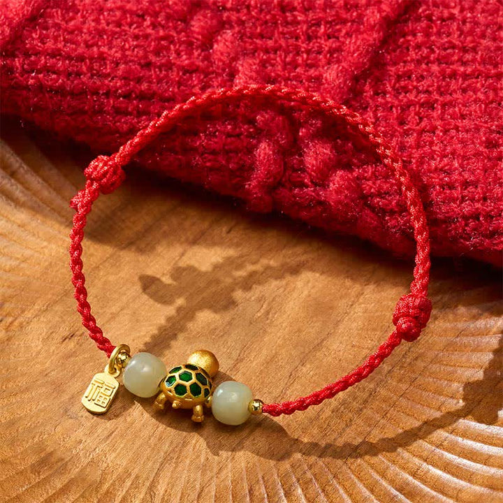 Buddha Stones Pulsera de hilo rojo con diseño de tortuga de cobre, jade Hetian y carácter Fu. - image 4