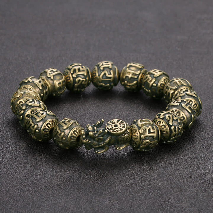 Buddha Stones Pulsera de la riqueza Pi Xiu Om Mani Padme Hum de latón antiguo - Pulsera Pi Xiu de latón (circunferencia de la muñeca: 16,5–18 cm) - image 0
