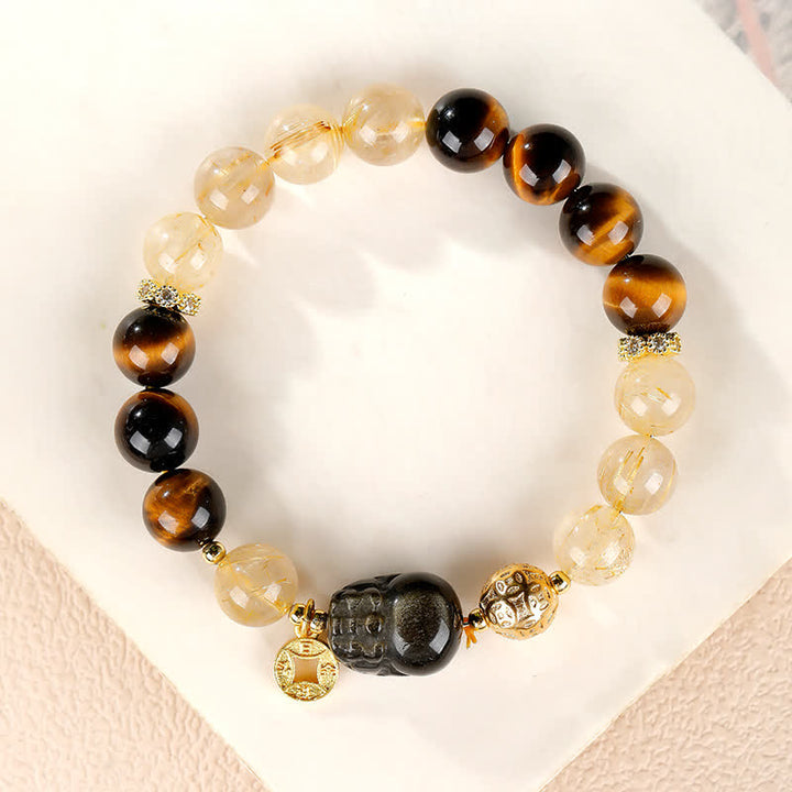Buddha Stones Pulsera de cuentas de cuarzo rutilado dorado Pi Xiu de Feng Shui con ojo de tigre para la riqueza - Pulsera Pi Xiu de ojo de tigre - 8 mm (circunferencia de la muñeca: 15-16 cm) - image 0