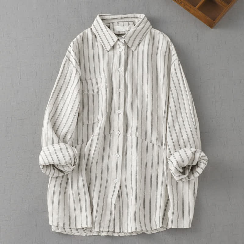 Buddha Stones Camisa de manga larga a rayas con botones, estilo vintage, para mujer, ideal para primavera y otoño. - Lino - US8-10, UK/AU12-14, EU40-42 (2XL) - image 4