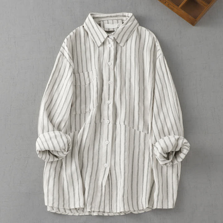 Buddha Stones Camisa de manga larga a rayas con botones, estilo vintage, para mujer, ideal para primavera y otoño. - Lino - US8-10, UK/AU12-14, EU40-42 (2XL) - image 4