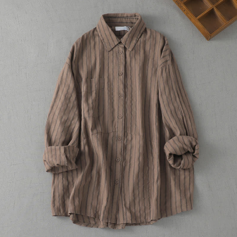 Buddha Stones Camisa de manga larga a rayas con botones, estilo vintage, para mujer, ideal para primavera y otoño. - Tierra de siena - US8-10, UK/AU12-14, EU40-42 (2XL) - image 0