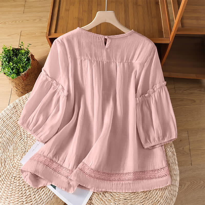 Buddha Stones Camisetas de manga corta para mujer, elegantes, informales, de color liso, con cuello redondo y ribete de encaje, ideales para el verano. - image 1
