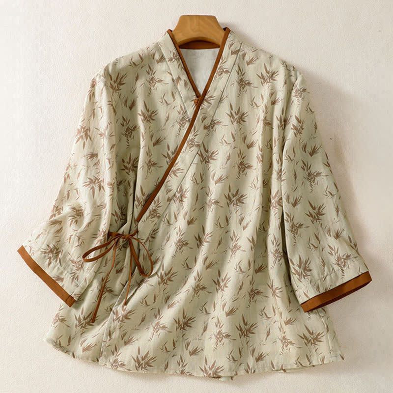 Buddha Stones Camisas de manga tres cuartos para mujer, estilo casual Tang, con estampado de hojas, ideales para primavera y verano. - Beige - US8-10, UK/AU12-14, EU40-42 (2XL) - image 0