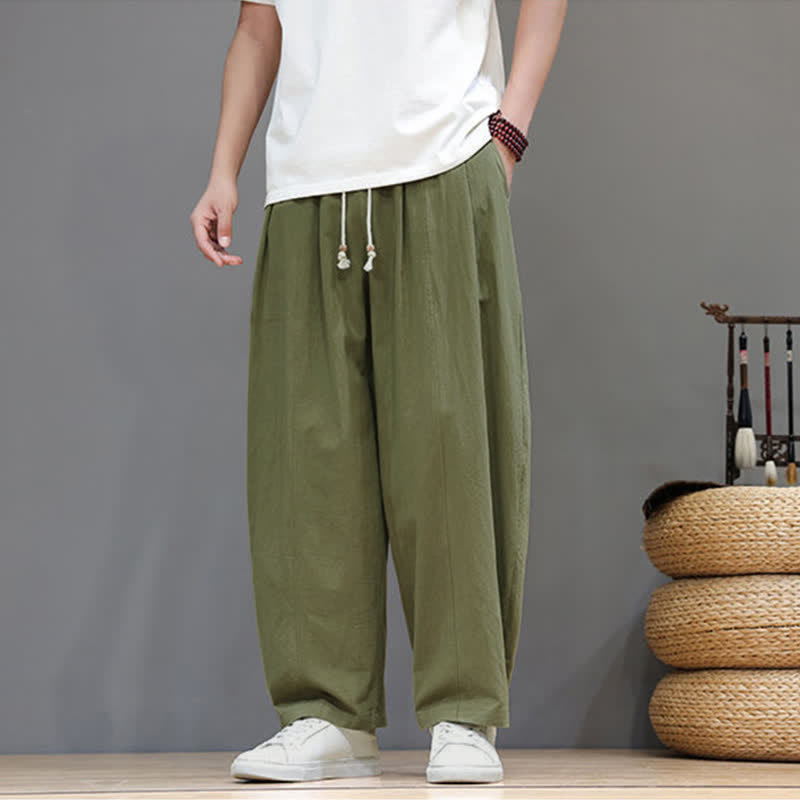 Buddha Stones Pantalones tobilleros lisos de corte recto para hombre, estilo casual de primavera-verano, con cordón ajustable y bolsillo. - Verde oliva - US/UK/AU48, EU58 (6XL) - image 0