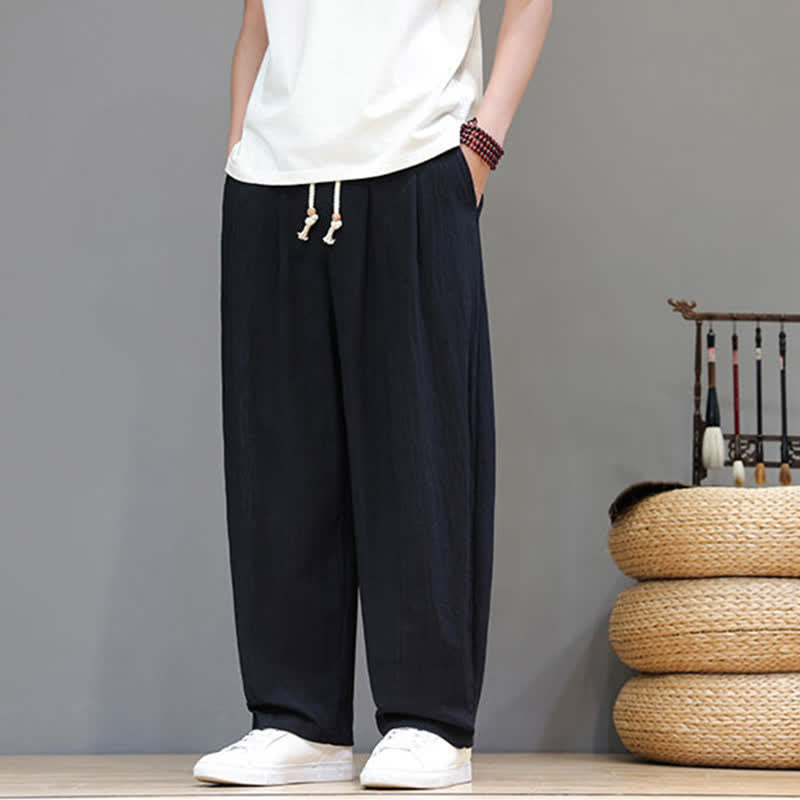Buddha Stones Pantalones tobilleros lisos de corte recto para hombre, estilo casual de primavera-verano, con cordón ajustable y bolsillo. - image 9