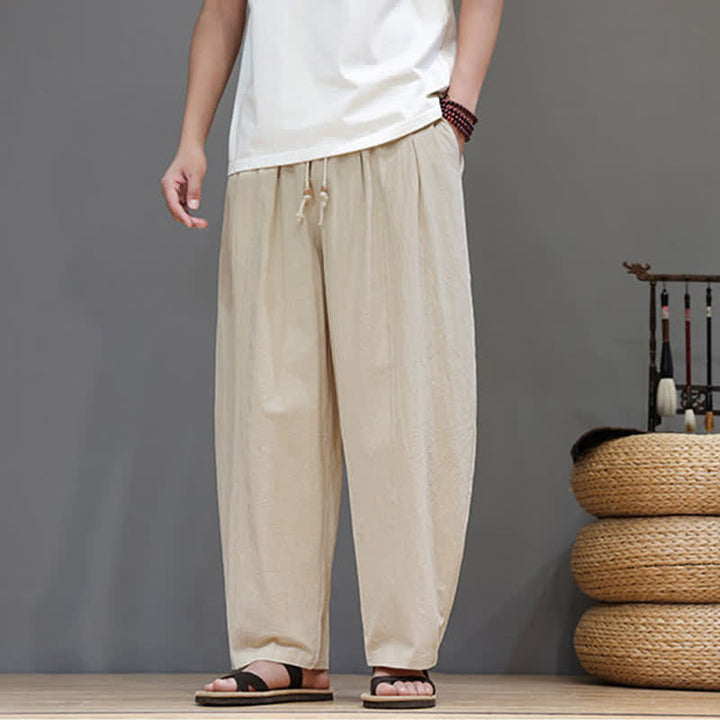 Buddha Stones Pantalones tobilleros lisos de corte recto para hombre, estilo casual de primavera-verano, con cordón ajustable y bolsillo. - Beige - US/UK/AU48, EU58 (6XL) - image 15