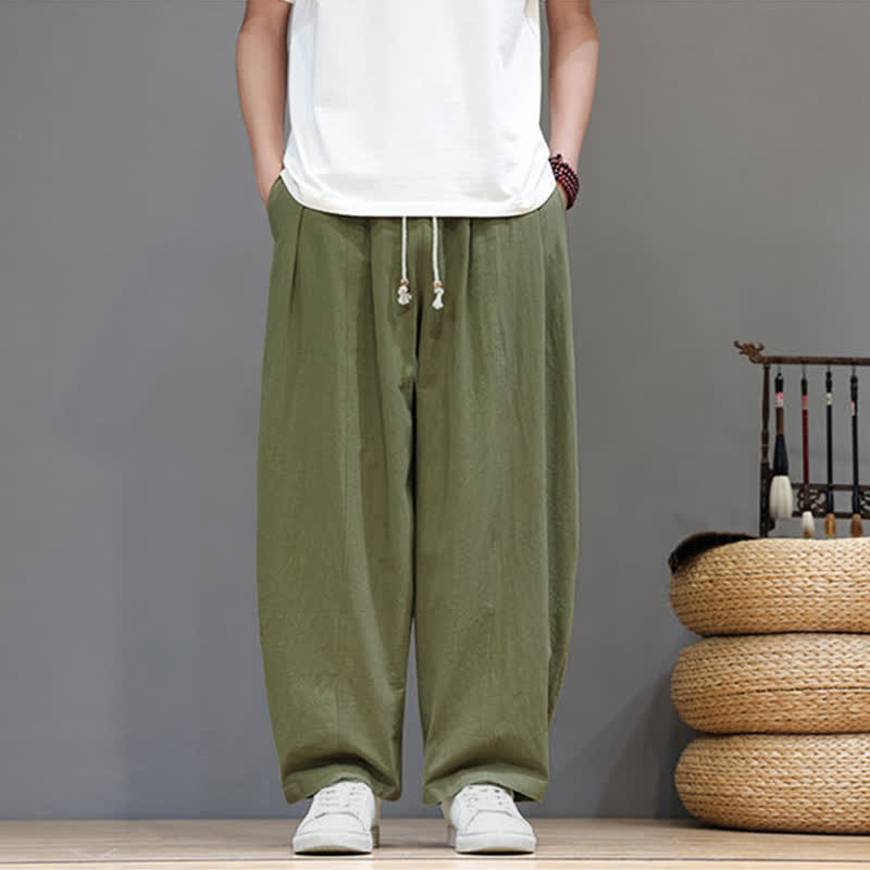 Buddha Stones Pantalones tobilleros lisos de corte recto para hombre, estilo casual de primavera-verano, con cordón ajustable y bolsillo. - image 3