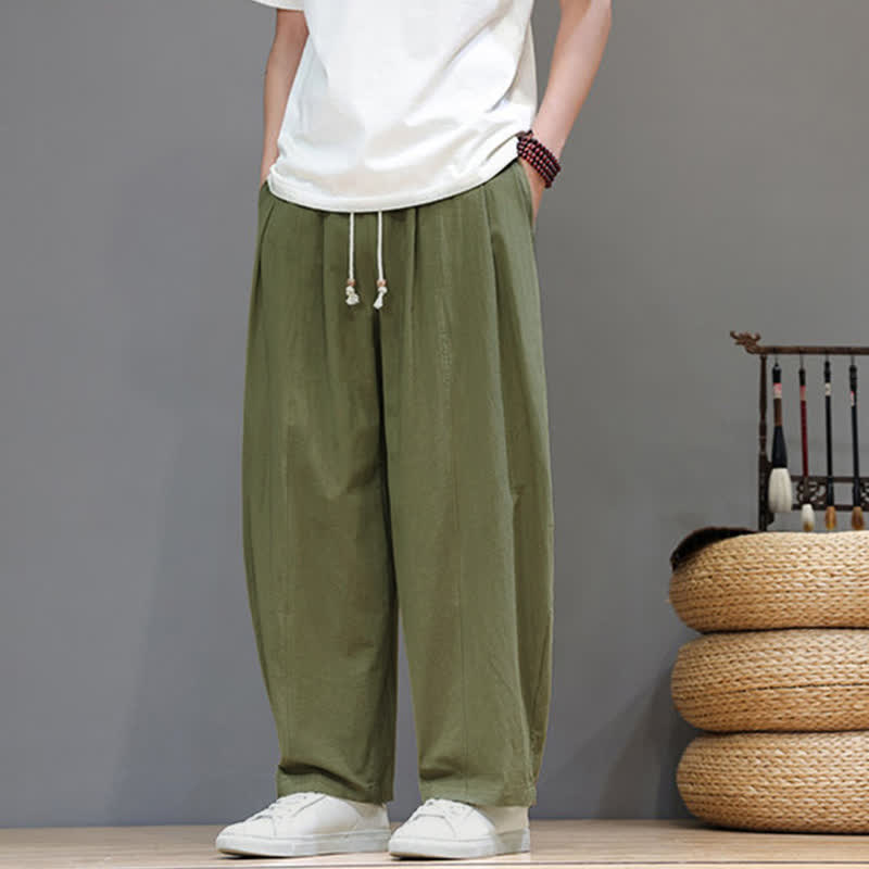 Buddha Stones Pantalones tobilleros lisos de corte recto para hombre, estilo casual de primavera-verano, con cordón ajustable y bolsillo. - image 1