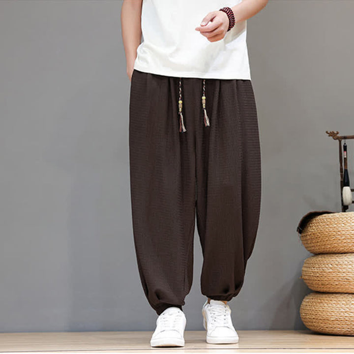 Buddha Stones Pantalones cortos casuales estilo boho con cordón ajustable para hombre, estilo harem, con bolsillo, ideales para primavera y otoño. - Marrón silla de montar - US/UK/AU46, EU56 (5XL) - image 0