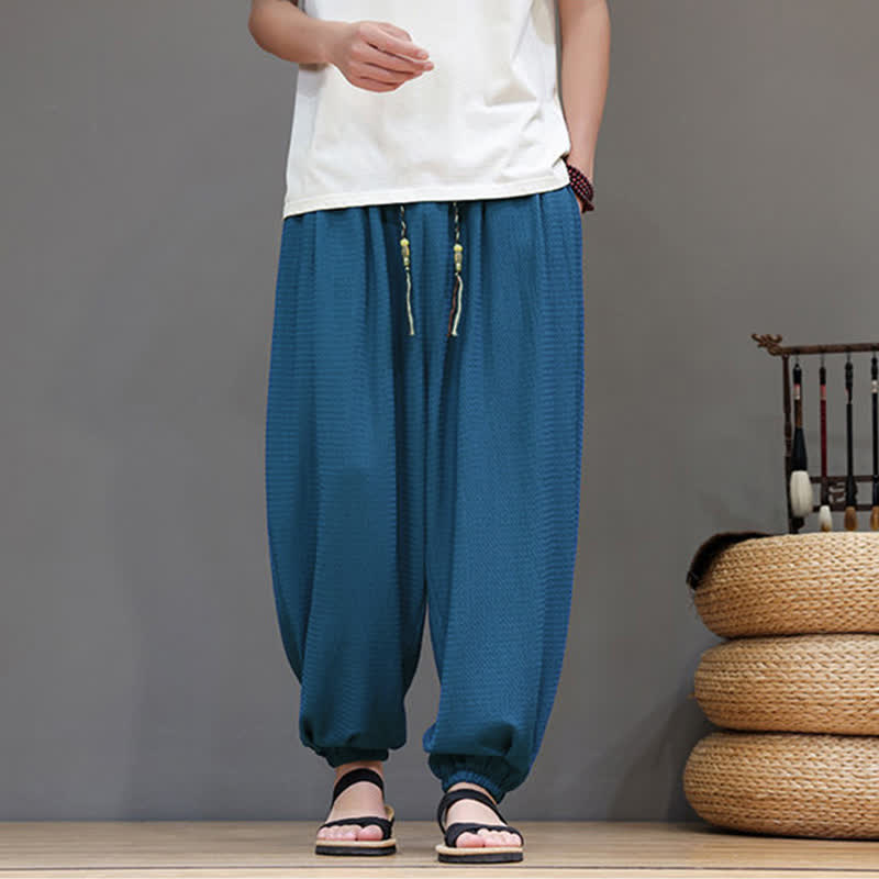 Buddha Stones Pantalones cortos casuales estilo boho con cordón ajustable para hombre, estilo harem, con bolsillo, ideales para primavera y otoño. - Azul acero - US/UK/AU46, EU56 (5XL) - image 8