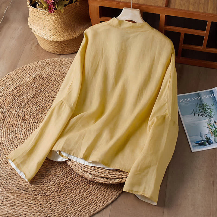 Buddha Stones Camisas de manga larga para mujer con cuello redondo, diseño reversible, color liso, estilo Tang, ideales para primavera y otoño, con bolsillo. - image 2