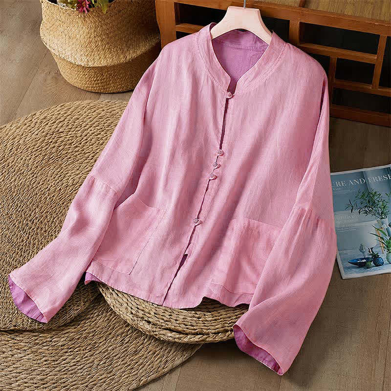 Buddha Stones Camisas de manga larga para mujer con cuello redondo, diseño reversible, color liso, estilo Tang, ideales para primavera y otoño, con bolsillo. - Rojo violeta pálido - US14, UK/AU18, EU46 (2XL) - image 11