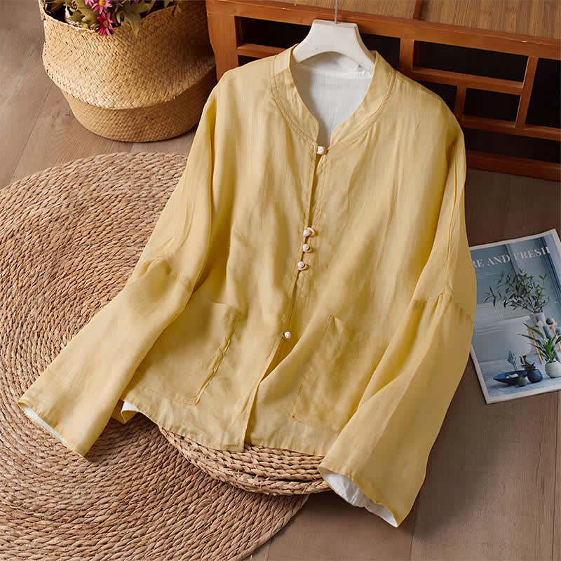 Buddha Stones Camisas de manga larga para mujer con cuello redondo, diseño reversible, color liso, estilo Tang, ideales para primavera y otoño, con bolsillo. - image 1