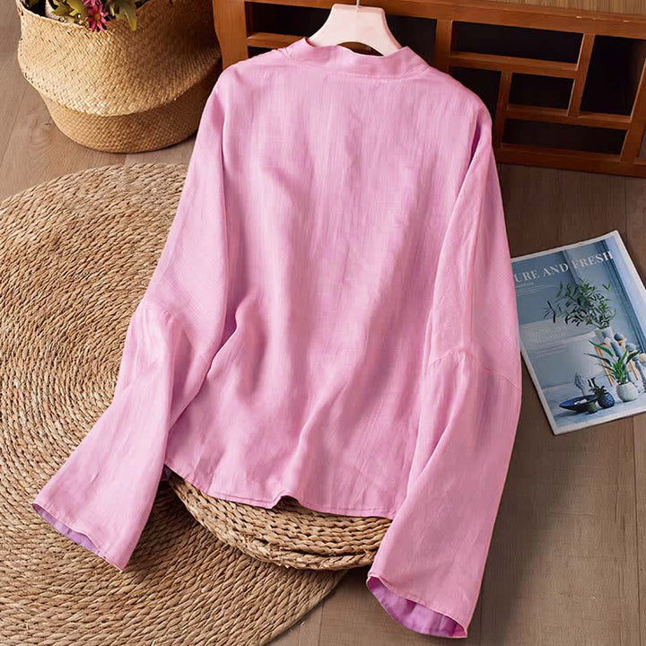 Buddha Stones Camisas de manga larga para mujer con cuello redondo, diseño reversible, color liso, estilo Tang, ideales para primavera y otoño, con bolsillo. - image 12