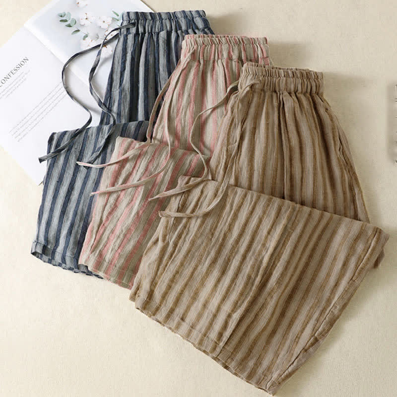 Buddha Stones Pantalones cortos de mujer estilo boho casual con cordón ajustable y rayas, estilo harem, con bolsillo, ideales para primavera y verano. - image 25