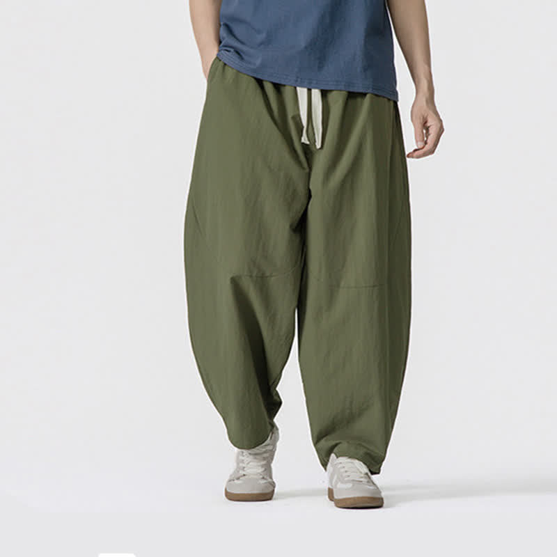 Buddha Stones Pantalones cortos minimalistas informales de primavera/verano con cordón ajustable, color liso, estilo harem para hombre con bolsillos. - Verde oliva - US/UK/AU46, EU56 (5XL) - image 0
