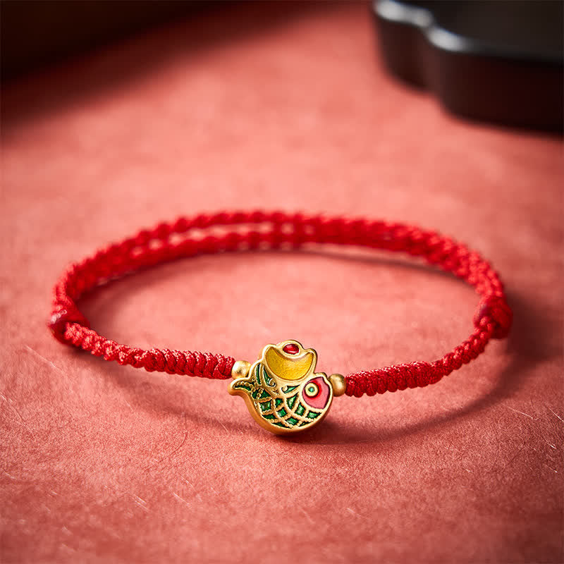 Buddha Stones Pulsera de cuerda roja con lingote de pez koi tejido a mano para la buena suerte - image 1