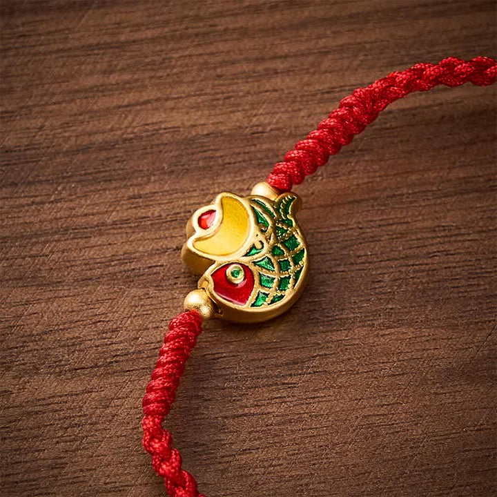 Buddha Stones Pulsera de cuerda roja con lingote de pez koi tejido a mano para la buena suerte - image 4