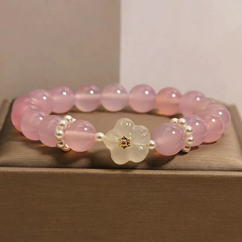 Buddha Stones Pulsera con detalles de perlas, ágata púrpura y ágata blanca, diseño floral y flor. - image 1