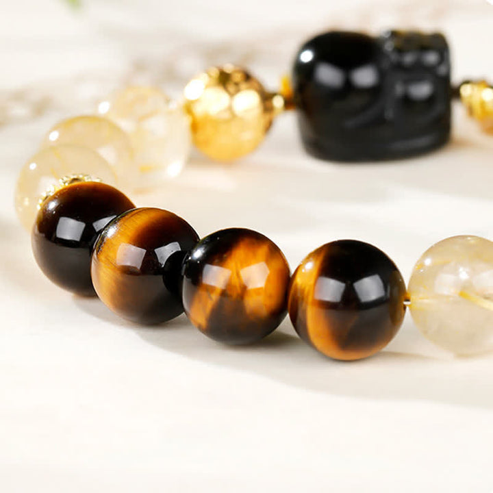 Buddha Stones Pulsera de cuentas de cuarzo rutilado dorado Pi Xiu de Feng Shui con ojo de tigre para la riqueza - image 12
