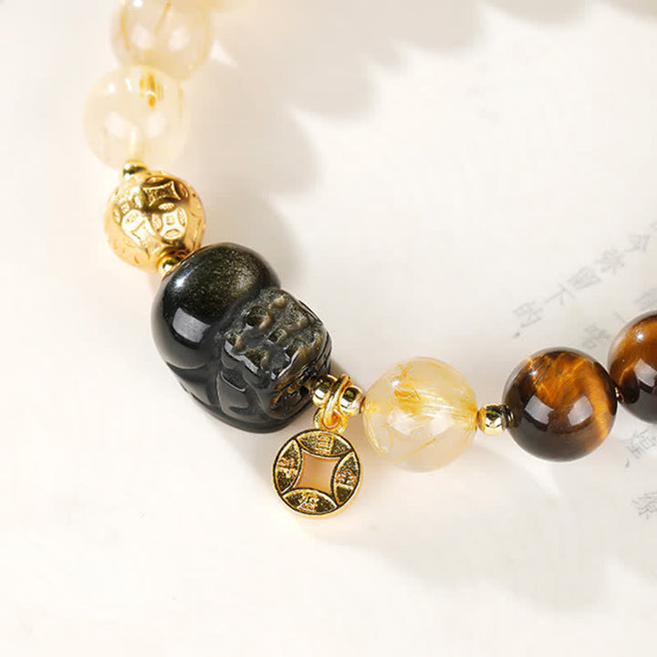 Buddha Stones Pulsera de cuentas de cuarzo rutilado dorado Pi Xiu de Feng Shui con ojo de tigre para la riqueza - image 13
