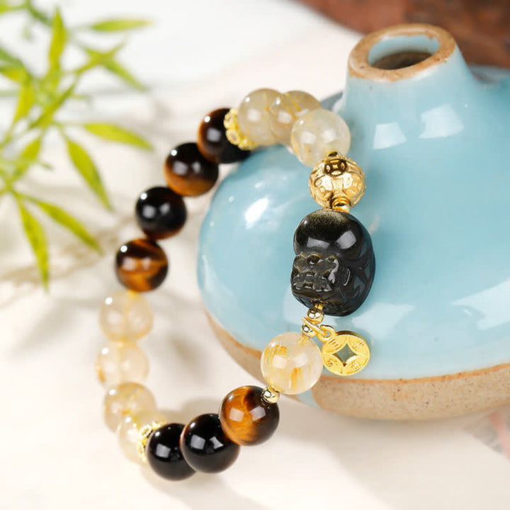 Buddha Stones Pulsera de cuentas de cuarzo rutilado dorado Pi Xiu de Feng Shui con ojo de tigre para la riqueza - image 3