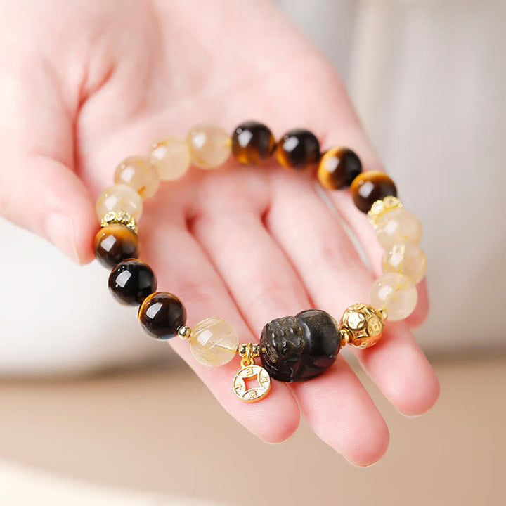 Buddha Stones Pulsera de cuentas de cuarzo rutilado dorado Pi Xiu de Feng Shui con ojo de tigre para la riqueza - image 10