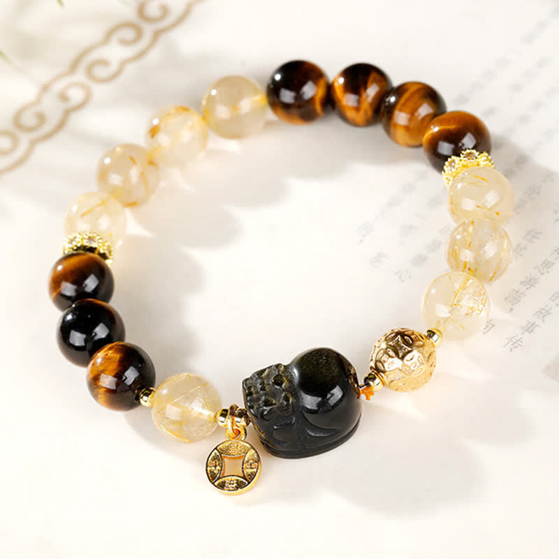 Buddha Stones Pulsera de cuentas de cuarzo rutilado dorado Pi Xiu de Feng Shui con ojo de tigre para la riqueza - image 1